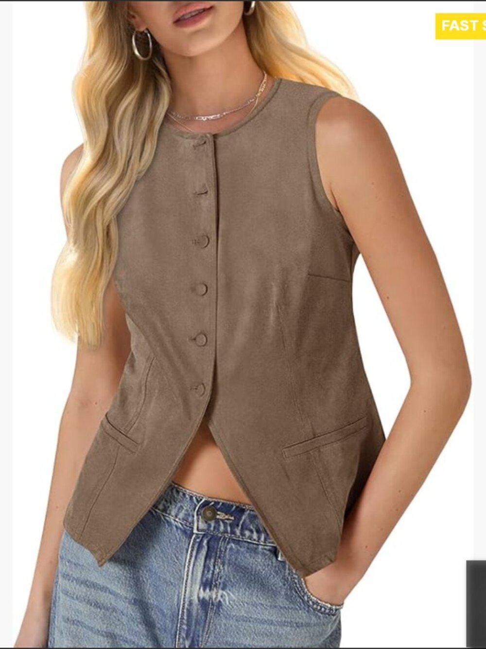 Suede Button Down Vest Business Casual Chic Sleeveless Blazer Waistcoat